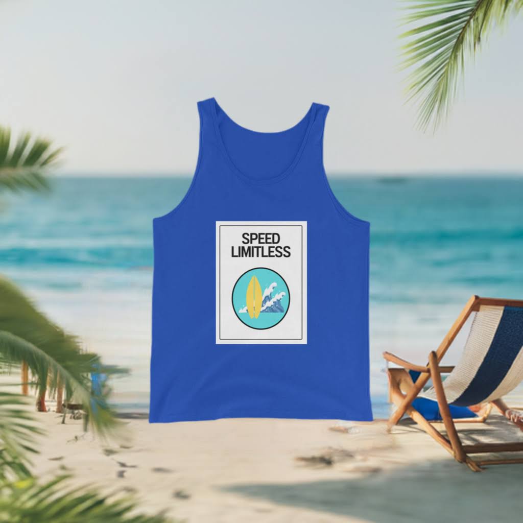 Men's royal blue tank top with white street sign design with text "speed limitless". Teal circle with a yellow surfboard and blue wave.