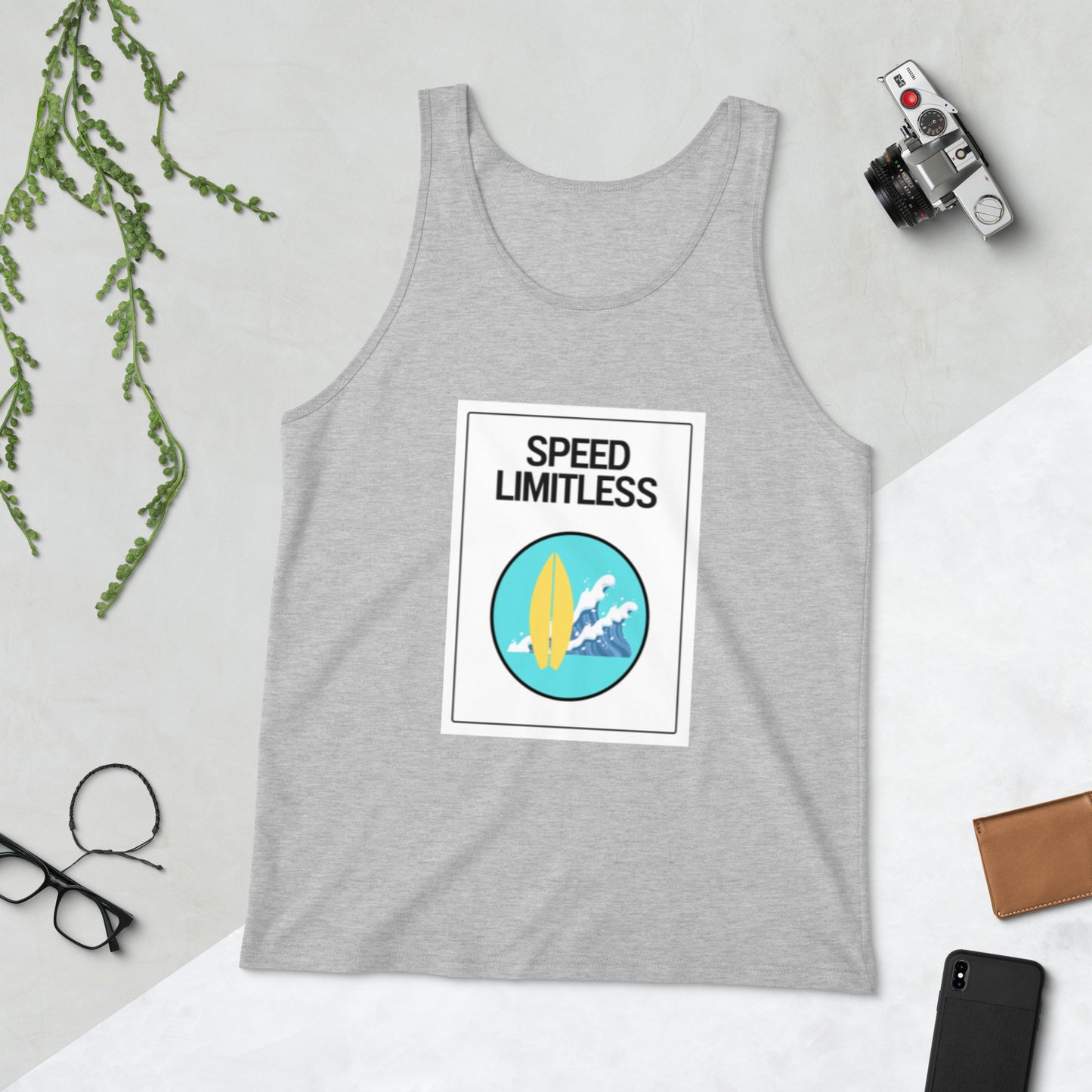 Men's athletic heather light gray tank top with white street sign design with text "speed limitless". Teal circle with a yellow surfboard and blue wave.
