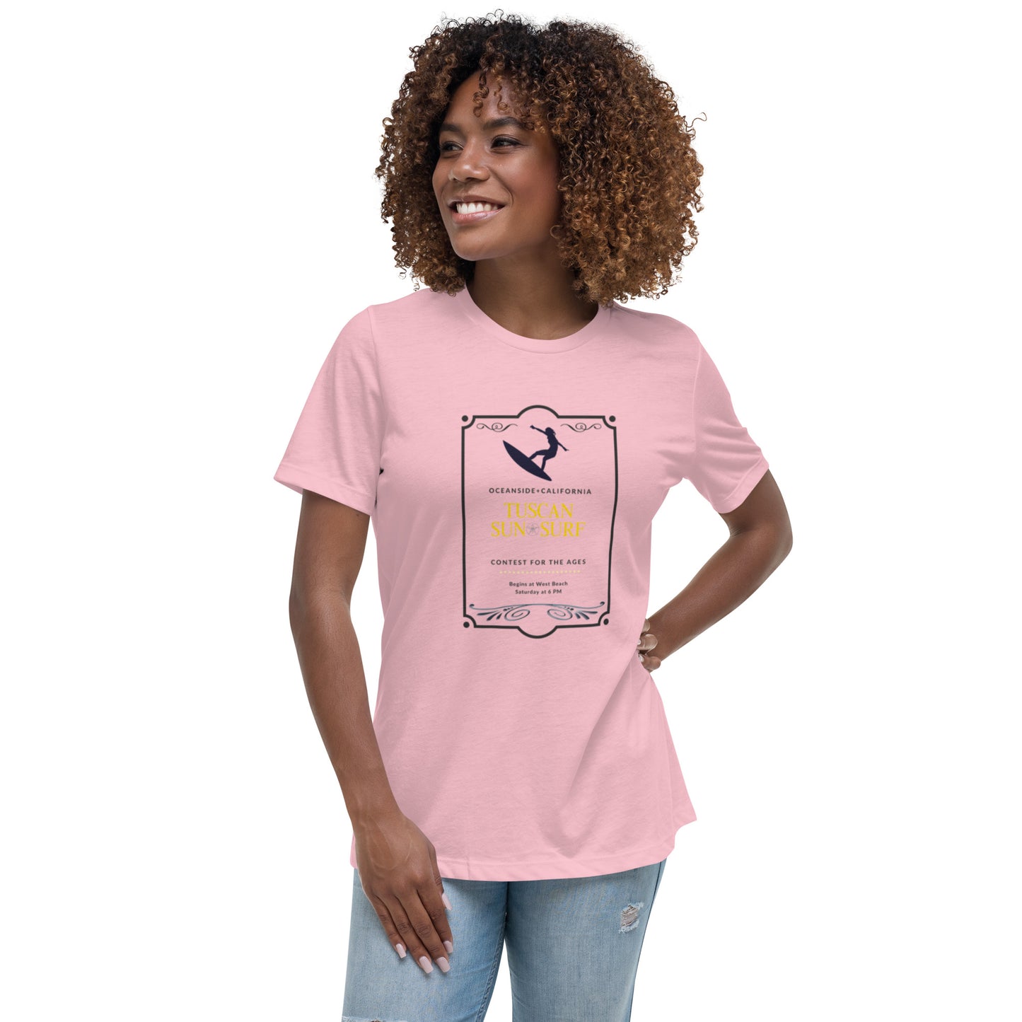 Pink t-shirt with outline of surfer in black with black text Oceanside California contest for the ages. Tuscan Sun Surf text in yellow.