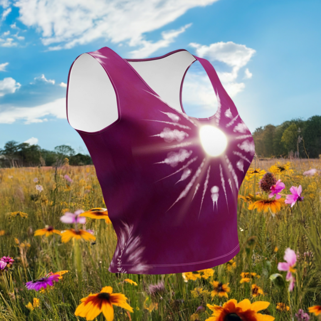 Deep purple crop top with white sunburst design on the front and the back. Cropped tank top is in a field of wildflowers.