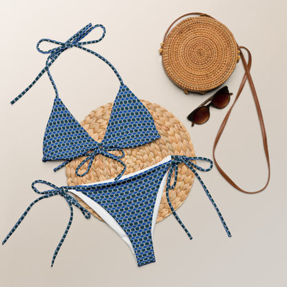 Blue and black all over hexagon print bikini with triangle shape top and string bikini bottoms