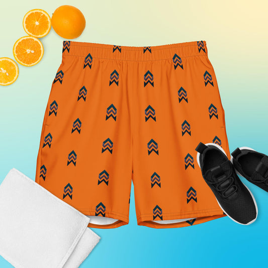 Mens orange swim trunks. Swimwear has all over chevron type print design. Made from recycled materials.