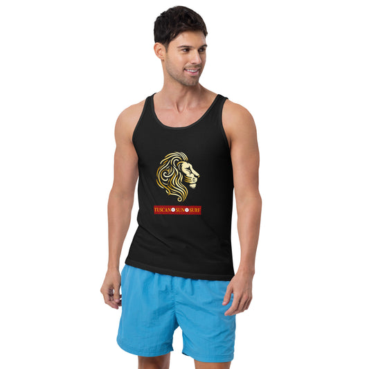 Mens black tank top with shades of yellow graphic design of a lion head. Below the lion face is the Tuscan Sun Surf logo.