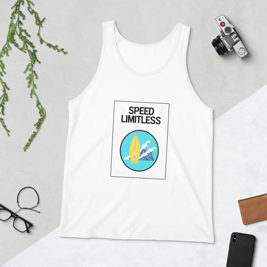 Men's white tank top with street sign design with text "speed limitless". Teal circle with yellow surfboard and blue wave.