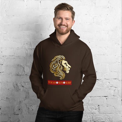 Man wearing a unisex dark chocolate brown hoodie with a lion head in shades of yellow. Below the lion face is the Tuscan Sun Surf logo.