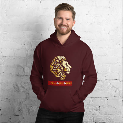 Man wearing a unisex maroon hoodie with a lion head in shades of yellow. Below the lion face is the Tuscan Sun Surf logo.