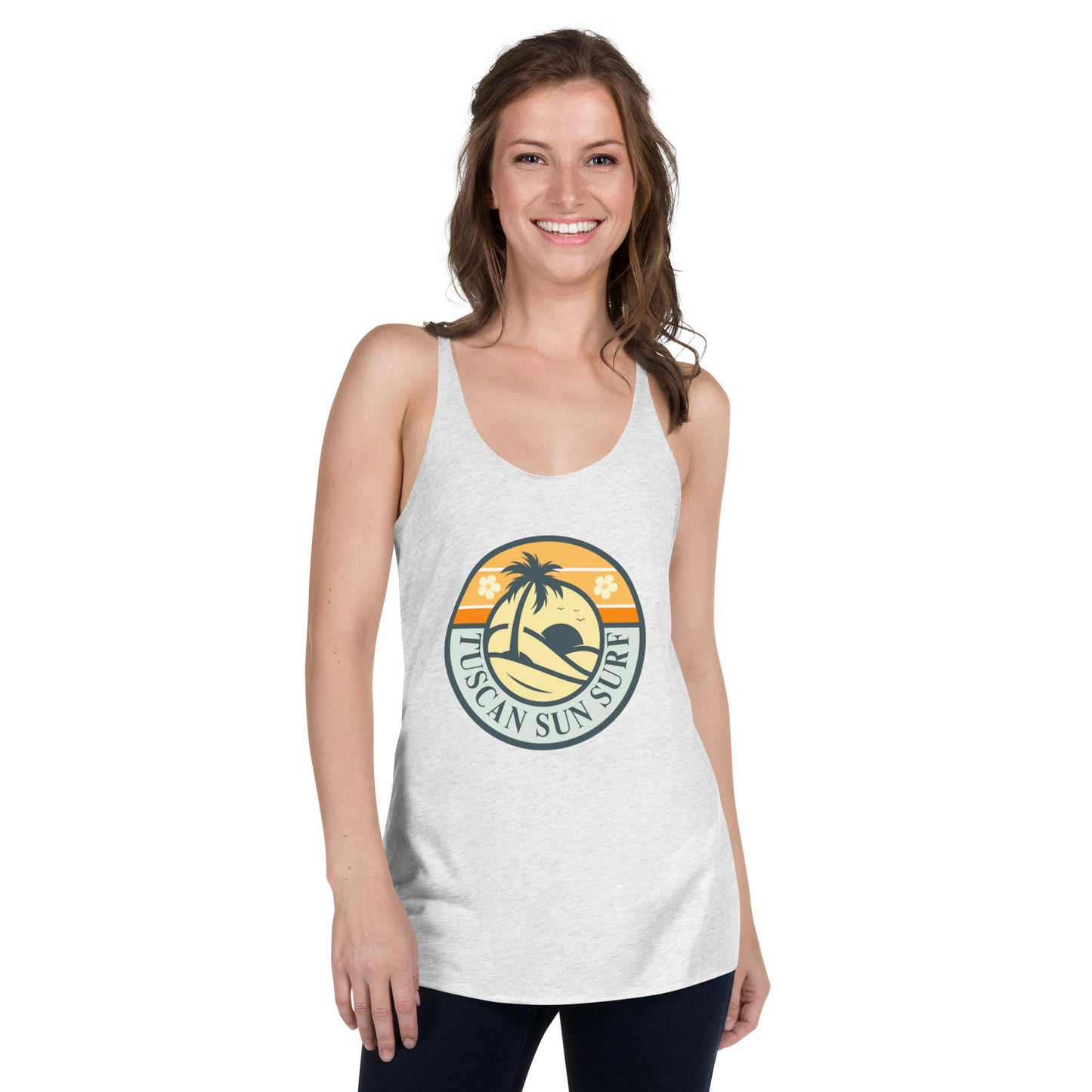 Women's heather white racerback tank top with dark teal basic palm tree and sun in a circle design with Tuscan Sun Surf text.