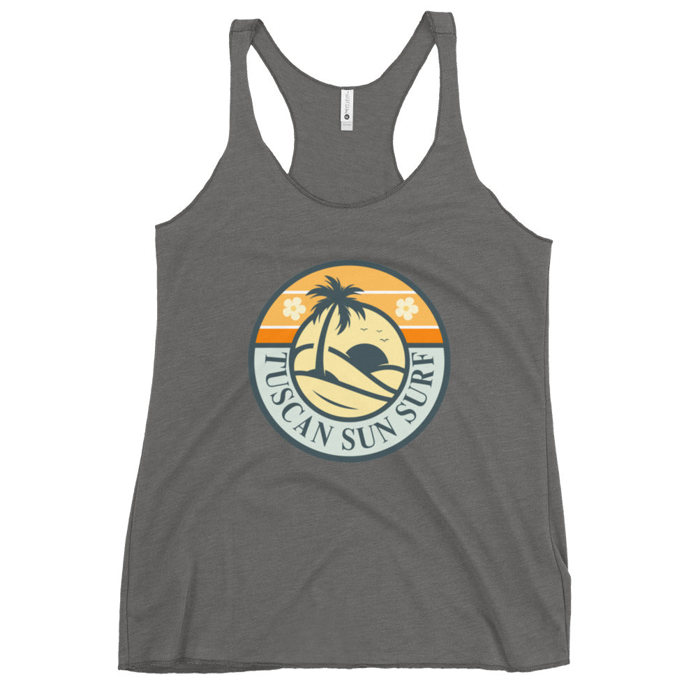 Women's premium heather gray racerback tank top with dark teal basic palm tree and sun in a circle design with Tuscan Sun Surf text.