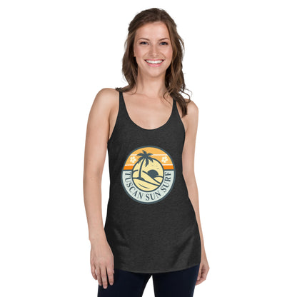 Women's vintage black racerback tank top with dark teal basic palm tree and sun in a circle design with Tuscan Sun Surf text.