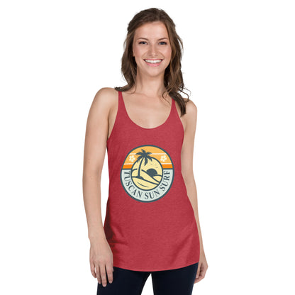 Women's vintage red racerback tank top with dark teal basic palm tree and sun in a circle design with Tuscan Sun Surf text.