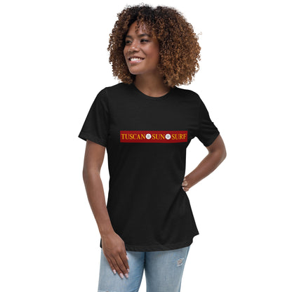 Women's black t-shirt with the Tuscan Sun Surf logo across the front