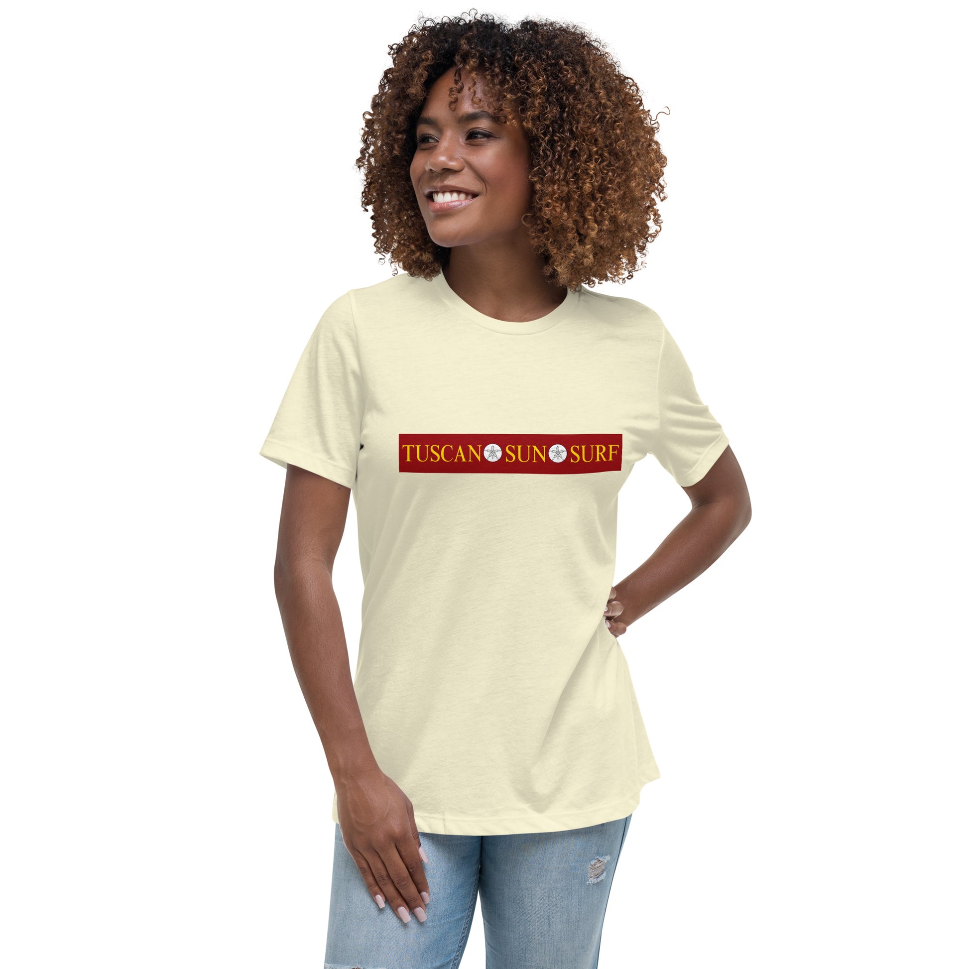 Women's citron color t-shirt with the Tuscan Sun Surf logo across the front