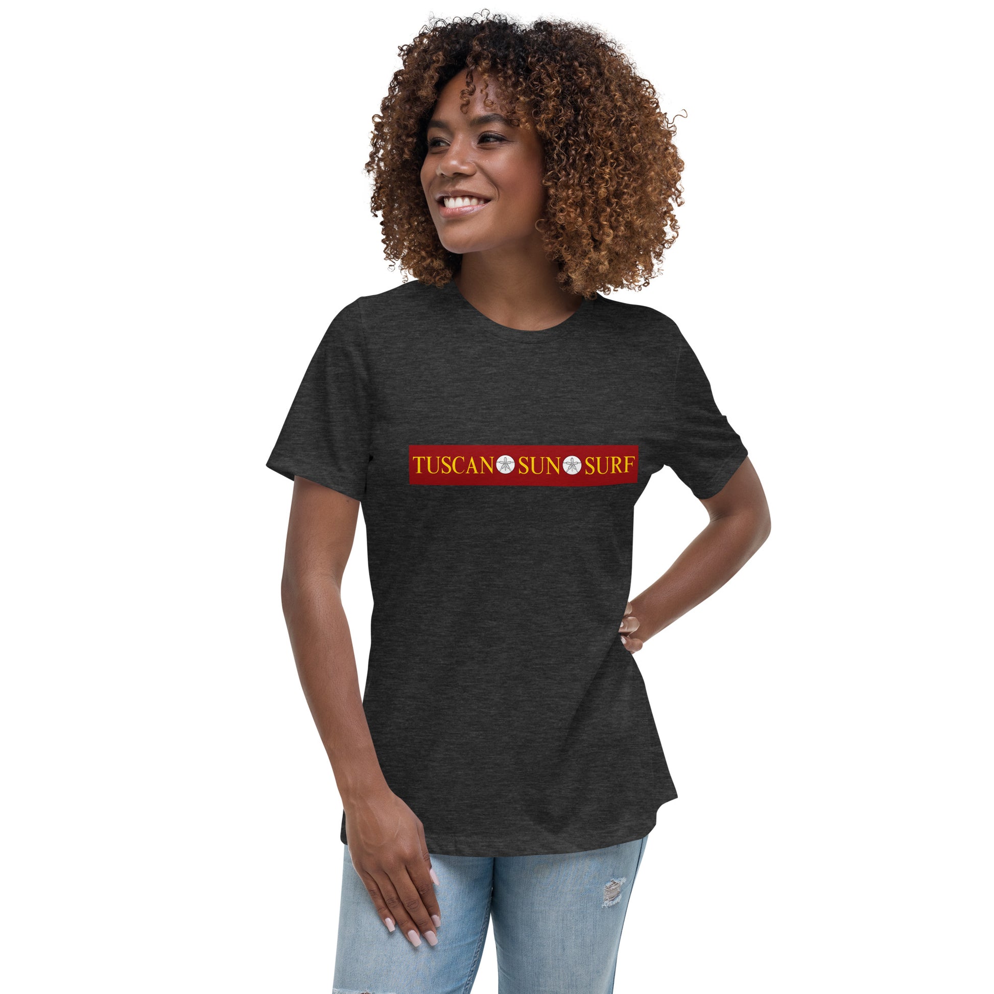 Women's dark grey heather t-shirt with the Tuscan Sun Surf logo across the front