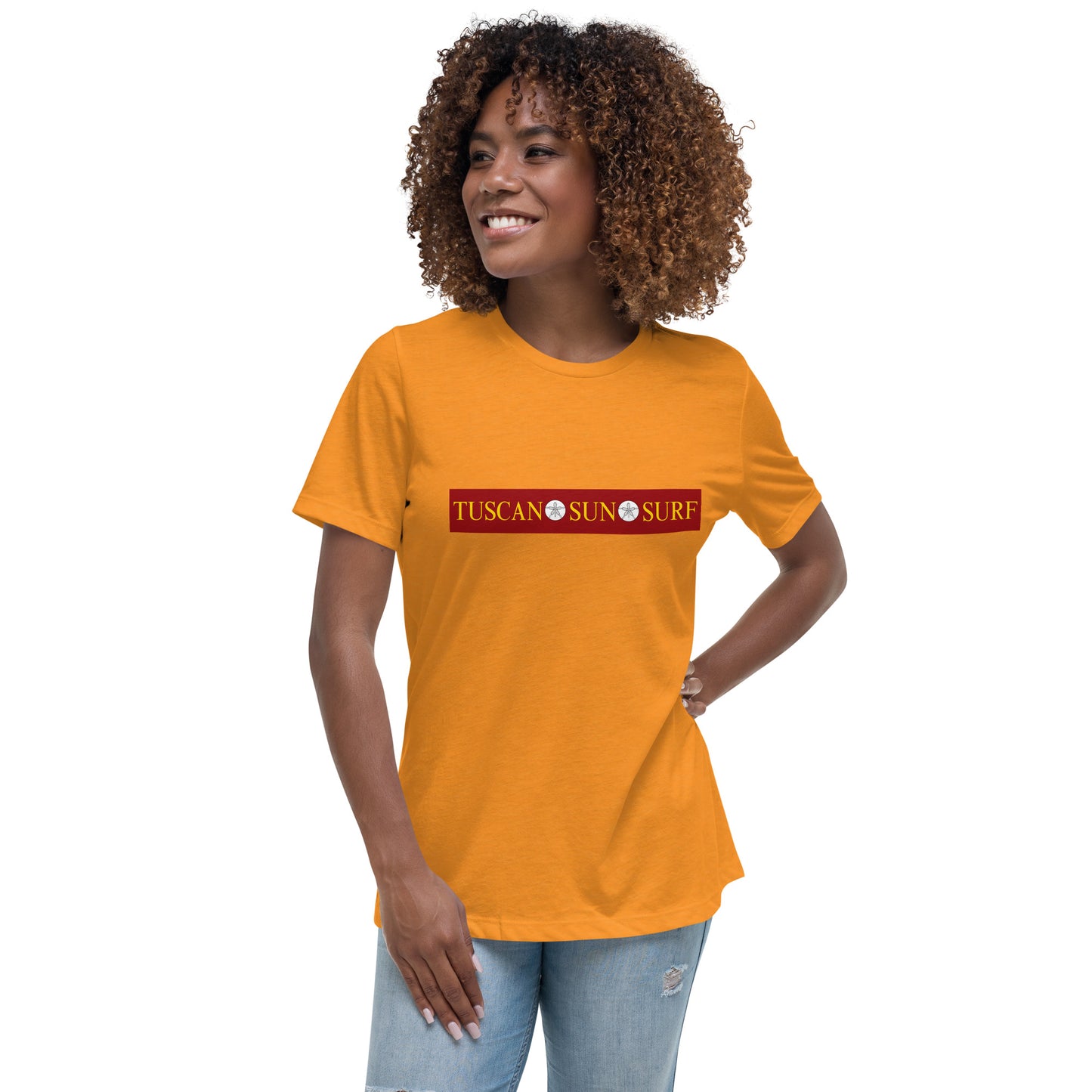 Women's orange t-shirt with the Tuscan Sun Surf logo across the front