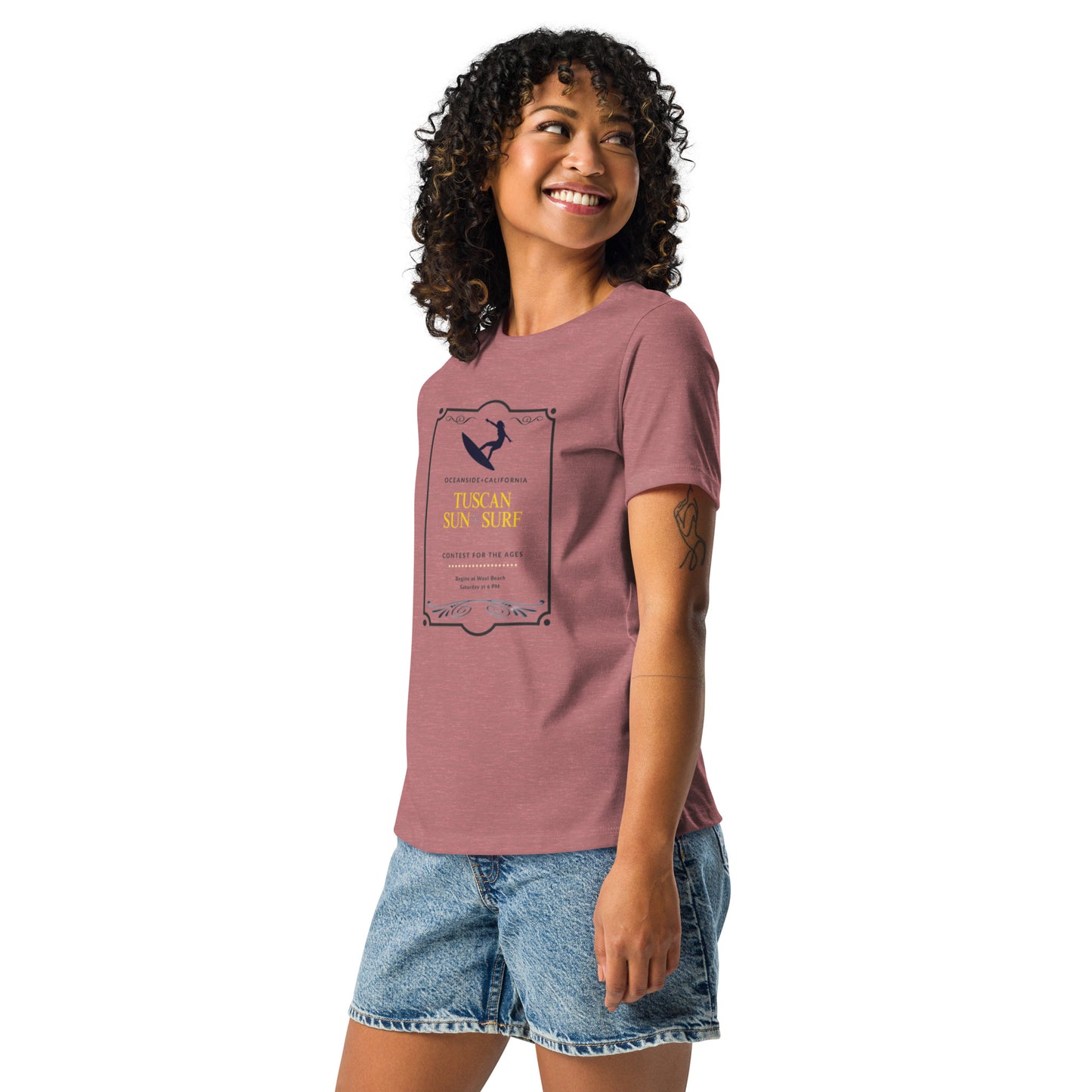 Heather mauve color t-shirt with outline of surfer in black with black text Oceanside California contest for the ages. Tuscan Sun Surf text in yellow.