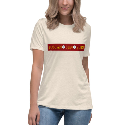 Women's heather prism natural color t-shirt with the Tuscan Sun Surf logo across the front