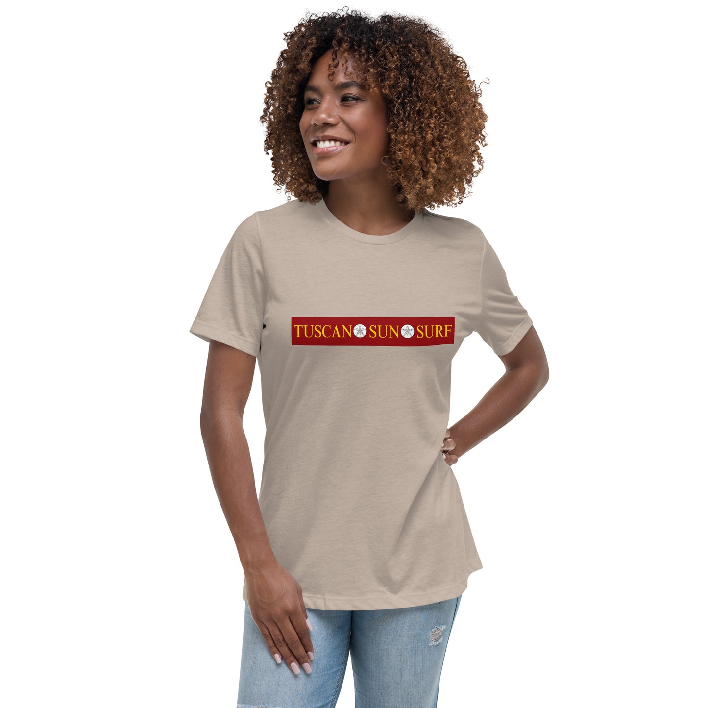 Women's heather stone color t-shirt with the Tuscan Sun Surf logo across the front