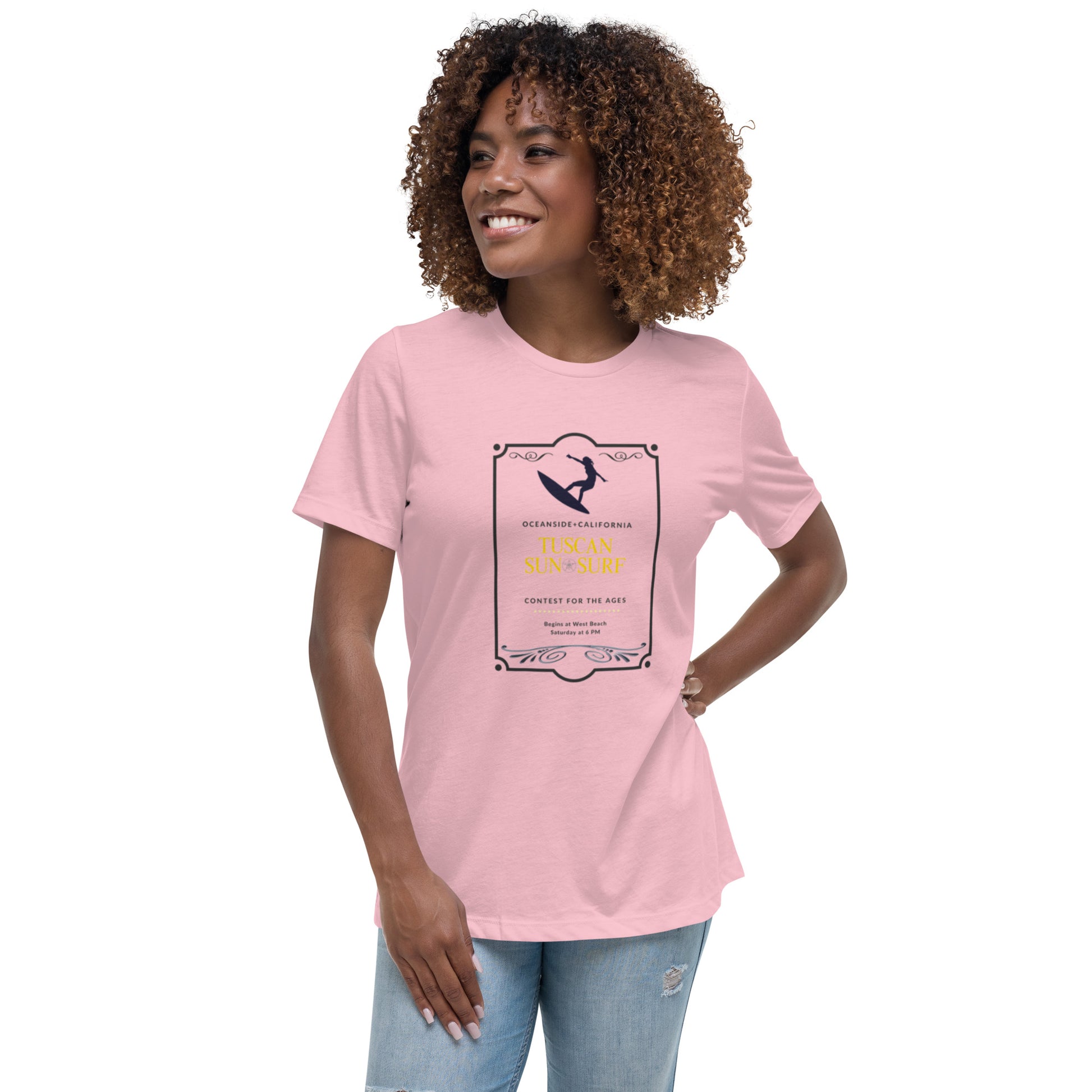 Pink t-shirt with outline of surfer in black with black text Oceanside California contest for the ages. Tuscan Sun Surf text in yellow.