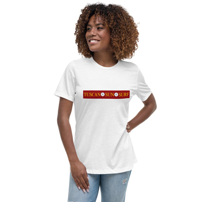 Women's white t-shirt with the Tuscan Sun Surf logo across the front