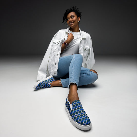 Women's slip on canvas shoes with custom blue and black hexagon all over print